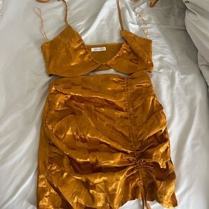 12th Tribe 2 piece silk set skirt and crop top (gold/orange)